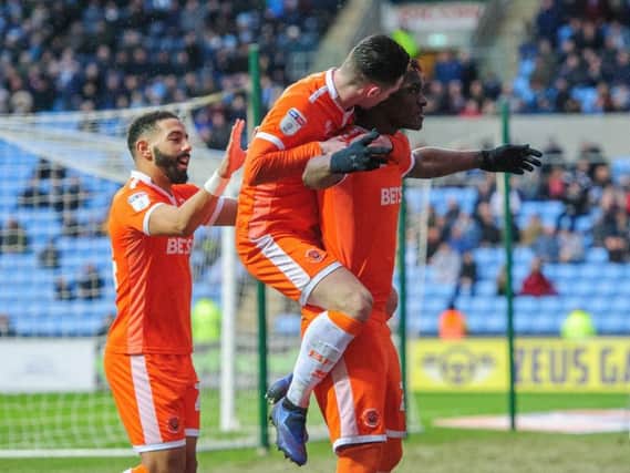 Blackpool celebrate Armand Gnanduaillet's goal against Coventry