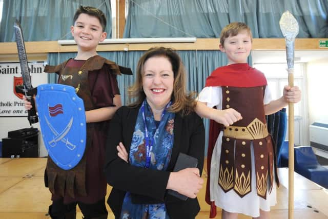 Professor Edith Hall with St Johns pupils Danyal Ozen and Charlie Pye