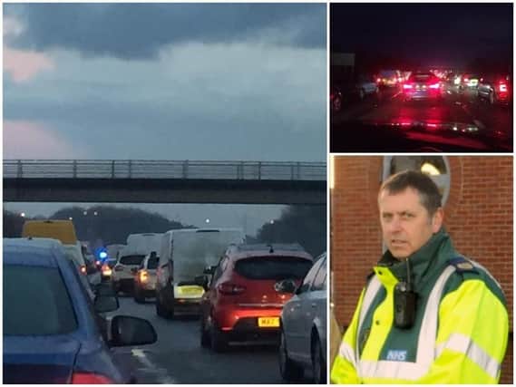 There were long queues on the M55, which was shut for five hours. Bottom right: NWAS sector manager David Rigby