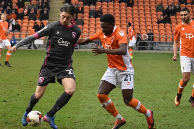 Antony Evans scored against Blackpool while on loan at Morecambe