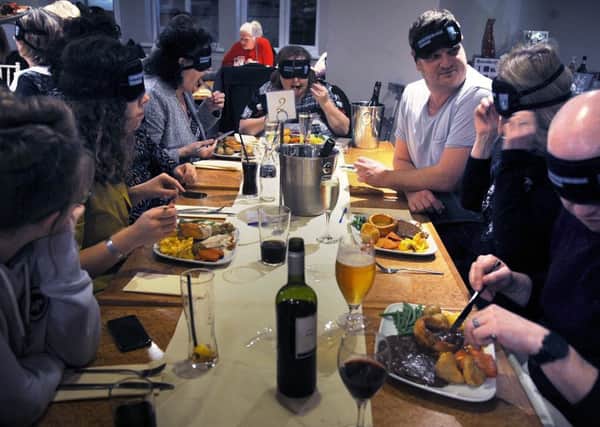 Diners at The Venue in Cleveleys ate their Sunday dinner blindfolded to raise funds for the Guide Dogs charity.
Dinner is served.  PIC BY ROB LOCK
3-2-2019