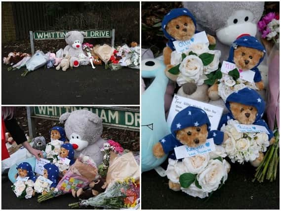 Teddy bears, one for each victim, left near the scene of a house fire in Sycamore Lane, Stafford, which claimed the lives of four children.
