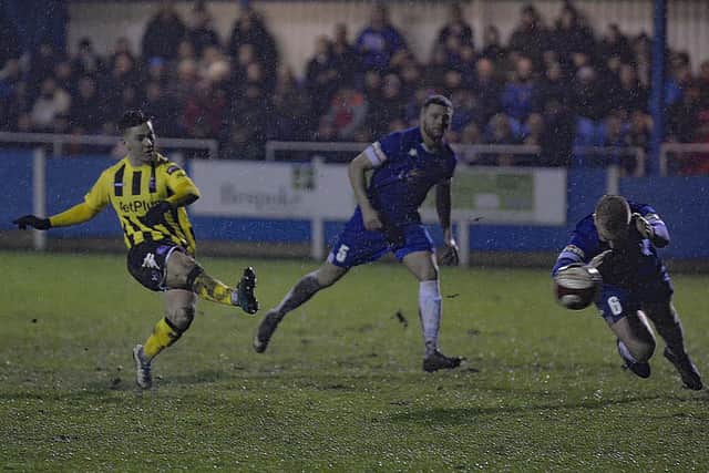 Nick Haughton scores Fylde's second at Ramsbottom Picture: STEVE MCLELLAN