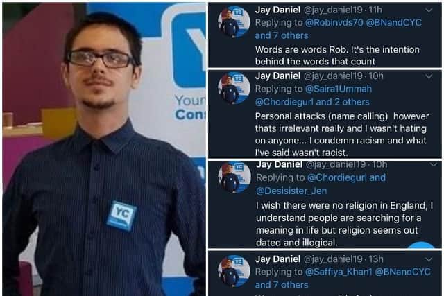 Jay Daniel said his tweets were taken "out of context" and that he had been trying to have a rational debate.