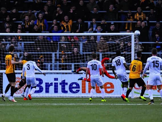 Jay Lynch's outstanding save denies Jake Robinson a winner for Maidstone Picture: STEVE MCLELLAN