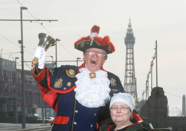 Tracey Halliday visiting Blackpool with the help of town cryer Barry McQueen