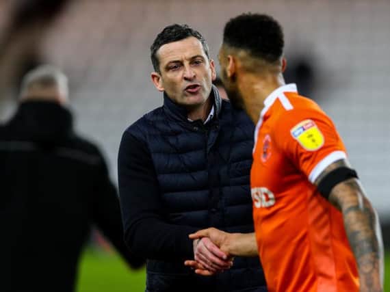 Sunderland manager Jack Ross shakes the hand of Blackpool's Curtis Tilt after the match