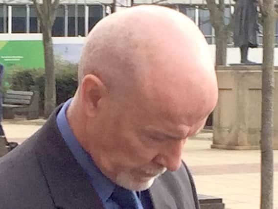 Gary Henderson, 57, leaves Teesside Crown Court where he was given a suspended sentence on Wednesday after admitting conducting independent research while sitting as a juror during a trial at the same court in November 2017.