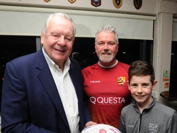 Bill Beaumont (left)meets friends and former team mates at Fylde Rugby Club.  He is pictured with Under-12 coach Simon Carter and 11-year-old Max Carter