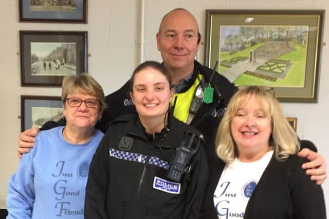 Mags Hanning (left) and Julie Rodgers from Just Good Friends at a meeting in Kirkham with police officers Richard Fisher and Vicky Robinson