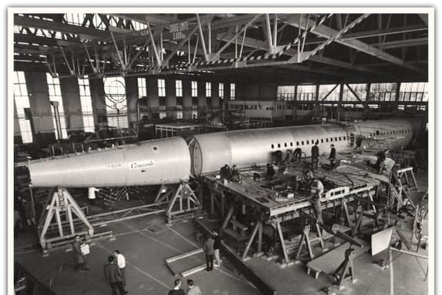 Rear fuselage of the first Concorde prototype built in British Aircraft Corporations Preston Works being installed on the general assembly jig