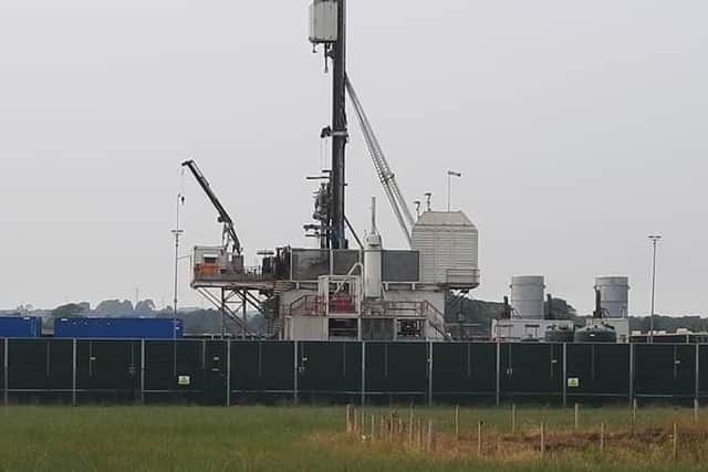Cuadrilla's drilling rig and two flare stacks at the Preston New Road fracking site