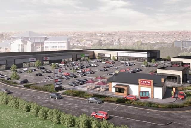 An artist impression of the retail site at Norcross where the new M&S will be sited along with a drive through Taco Bell and Costa