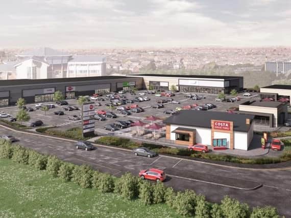 An artist impression of the retail site at Norcross where the new M&S will be sited along with a drive through Taco Bell and Costa