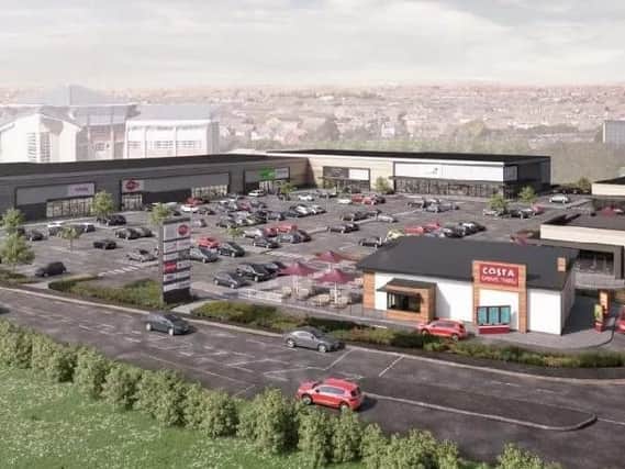 An artist impression of the retail site at Norcross where the new M&S will be sited along with a drive through Taco Bell and Costa