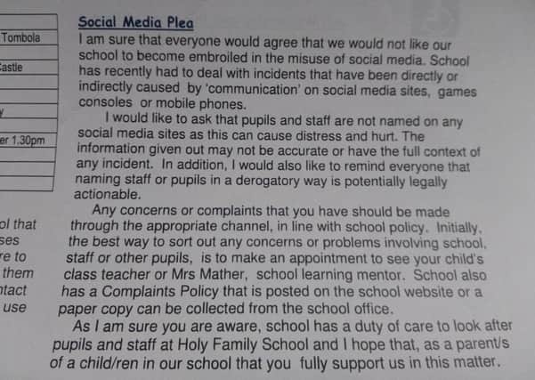 Holy Family Catholic Primary School's social media warning