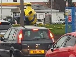 An air ambulance attended the scene of the explosion which injured two people. Pic: Andrew Ashton