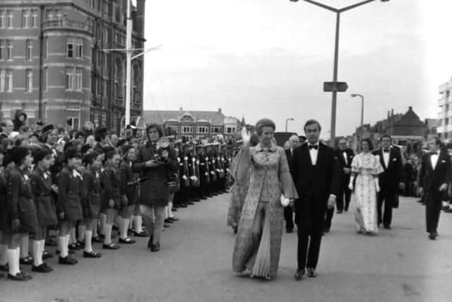 Princess Anne with Gabriel Harrison ( St Annes Land and Building Company chairman) on their way to the St Annes Pier Pavilion to see a gala concert in aid of the Save the Children Fund, during her visit in 1974