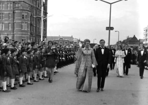 Princess Anne with Gabriel Harrison ( St Annes Land and Building Company chairman) on their way to the St Annes Pier Pavilion to see a gala concert in aid of the Save the Children Fund, during her visit in 1974