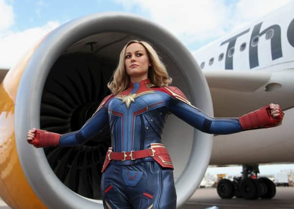 Captain Marvel for Madame Tussauds Blackpool photographed at Manchester Airport.  Picture: Jason Lock