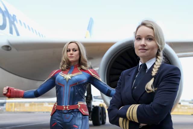 Captain Marvel for Madame Tussauds Blackpool photographed at Manchester Airport.  Picture: Jason Lock