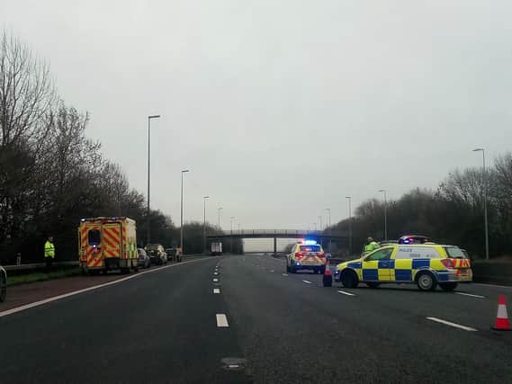 Two vehicles are stranded in lanes 3 and 4 of the M6 at Broughton, Preston after a crash at 9.45am.