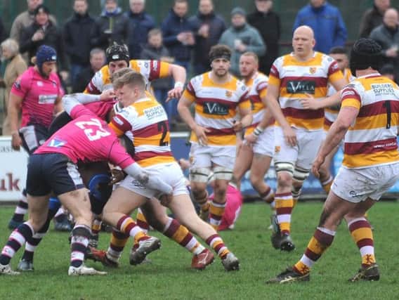 Hooker Ben Gregory, here leading the way in defence, scored two tries for Fylde at South Leicester