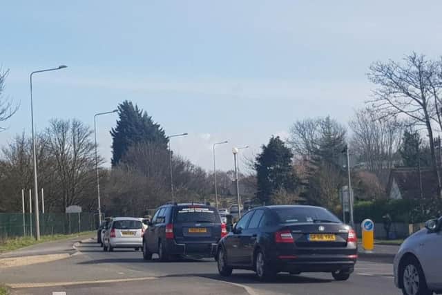 Cars queueing along the A585, named the most congested road in Lancashire