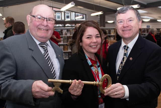 County Councillor Stephen Clarke, Branch Manager Joanne Davies and Cabinet Member Peter Buckley at the re-opening of Cleveleys library