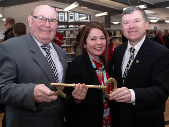 County Councillor Stephen Clarke, Branch Manager Joanne Davies and Cabinet Member Peter Buckley at the re-opening of Cleveleys library