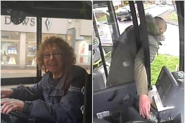 Bus driver Kath Smith, left, and the man helping himself to the cash, right