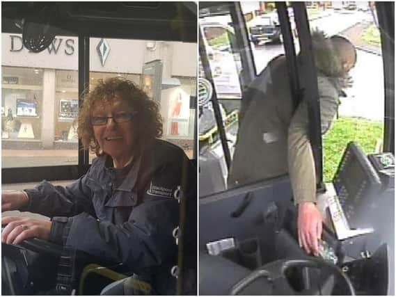 Bus driver Kath Smith, left, and the man helping himself to the cash, right