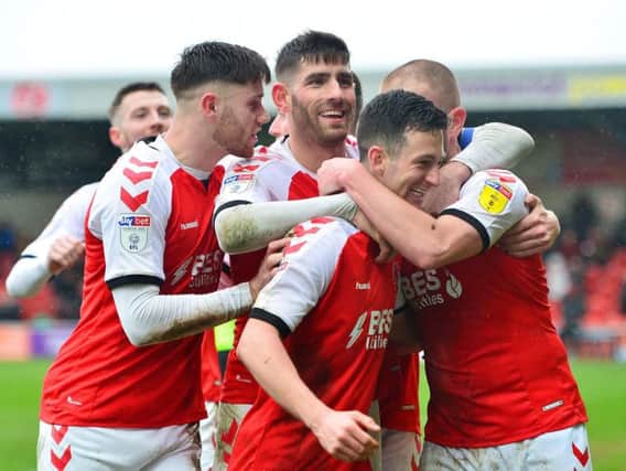 Fleetwood celebrate Jason Holt's first league goal for the club against Plymouth