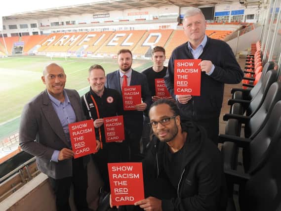 Backing the Show Racism the Red Card campaign at Blackpool FC are (clockwise from left ) Chris Iwelumo, Ashley Hackett, deputy PCC Chris Webb, Ben Holman, Seasiders manager Terry McPhillips and Nathan Delfouneso  					              Picture: DANIEL MARTINO