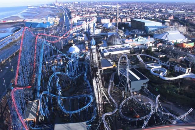 Blackpool Pleasure Beach seen from the air showing how ICON weaves between the park's other rides