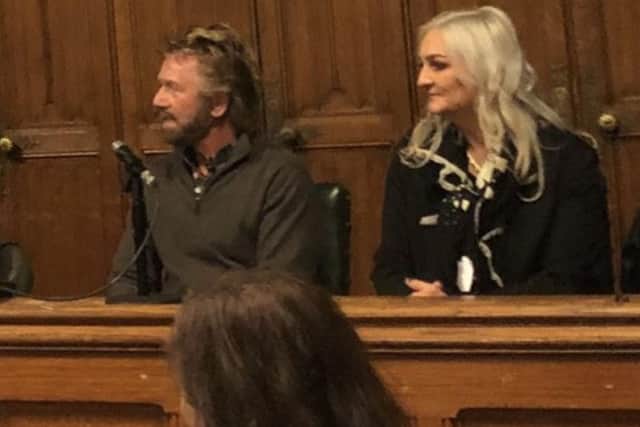 Noel Edmonds and Juliette Mottram who say they are victims of a banking scandal, at the showing of a new film Spank the Banker
