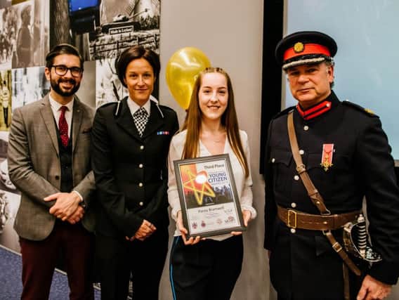 Pacey Bramwell, 16, with the High Sheriff of Lancashire Tony Attard,  Russell Millhouse - Regional Projects Lead from the University of Central Lancashire (who sponsored the awards) and  Jo Edwards - Assistant Chief Constable for Lancashire Constabulary,