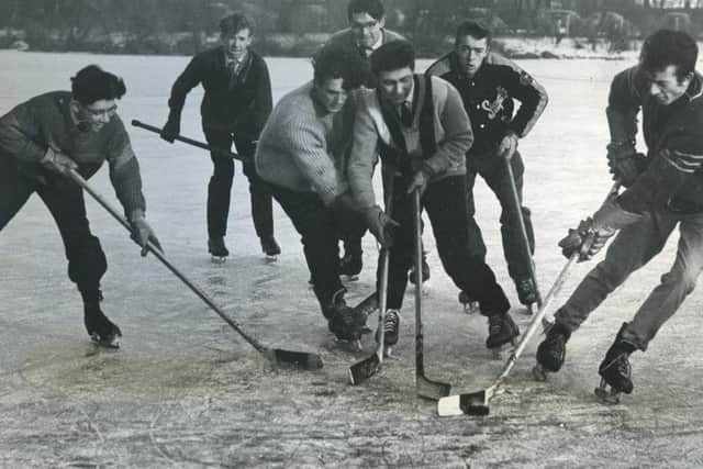 Practising this afternoon on the frozen Stanley Park lake are members of the Seagulls Ice Hockey Club junior section, January 1963