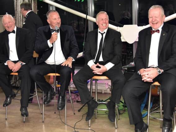 Laughs galore as Sir Ian Botham (second left) leads the tributes to fellow sporting knight Sir Bill Beaumont (far right) Picture: Fylde RFC