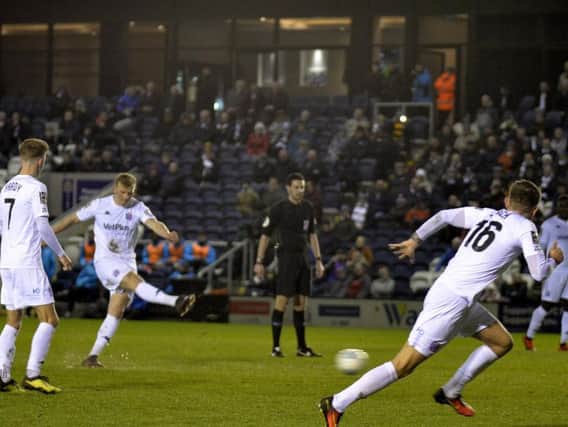 Danny Rowe equalises for Fylde with his 26th league goal of the season  Picture: STEVE MCLELLAN