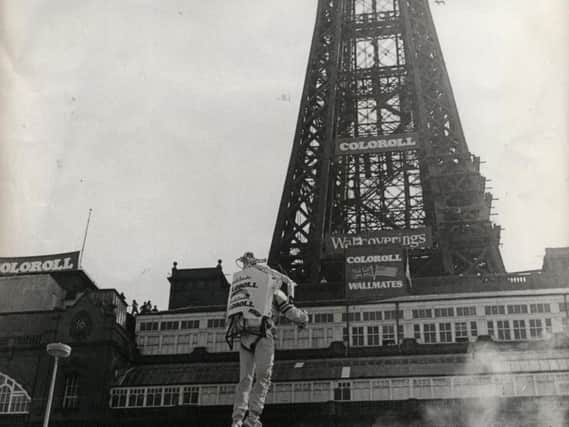 Stuntman Kinnie Gibson rockets past Blackpool Tower