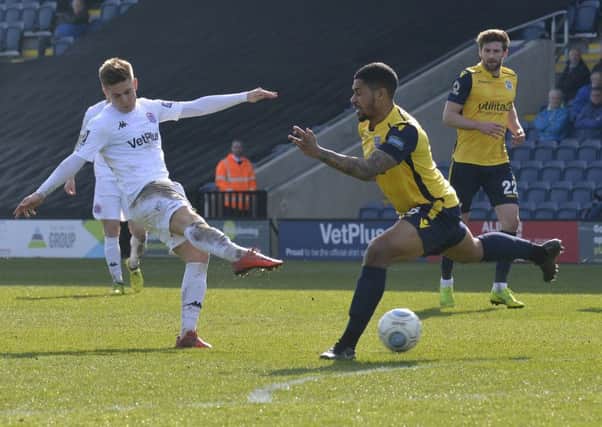 Nick Haughton put AFC Fylde ahead with their third of the afternoon     Picture: Steve McLellan