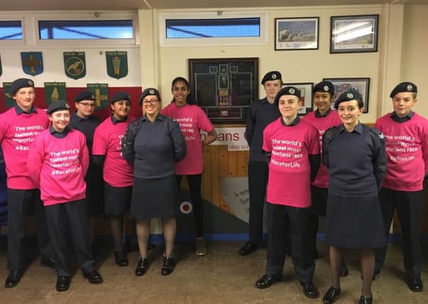 Blackpool Air Cadets in front of their memorial Flight Lieutenant Philip Massey RAFVR(T)
They are urging people to take part in Blackpool Race For Life