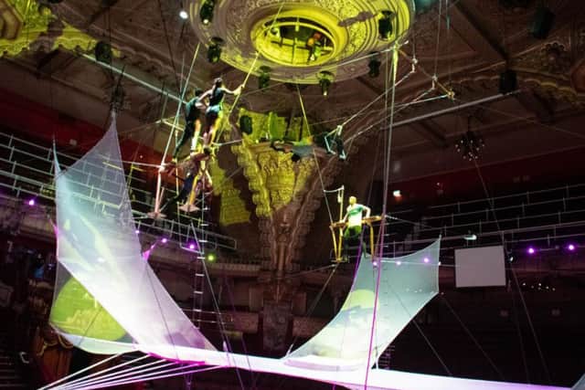 A stunning trapeze act in the new carnival show at the circus