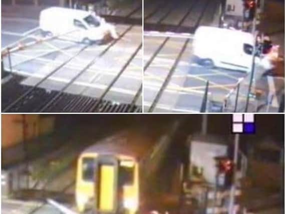 A 31-year-old man from Cumbria has been arrested on suspicion of drink-driving after a van ploughed through safety barriers at Carleton Crossing as a train approached.