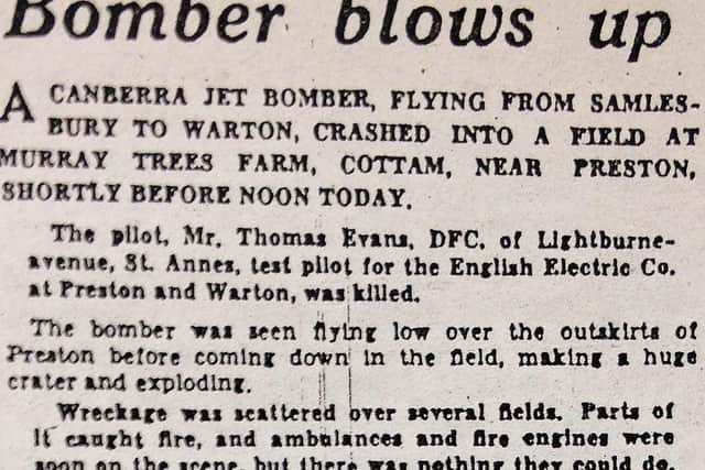 News report of the Canberra crash in Cottam in March 1952