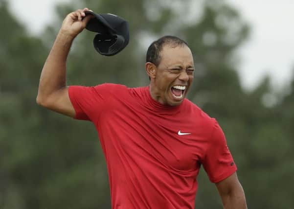 Tiger Woods reacts after winning the Masters at Augusta last weekend