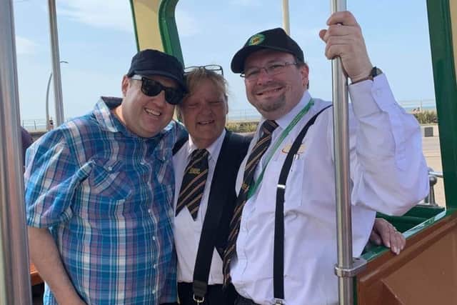 Comedian Peter Kay with tram workers in Blackpool on Monday, April 22, 2019 (Picture: Heritage Tram Tours/Twitter)