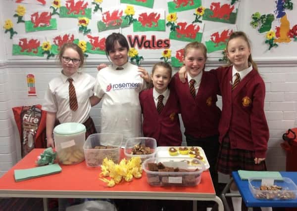 Left to right: Megan Bennett, Niamh Wilson, Maisie Goodson, Libby McCann and Aimee Gale. 
Raising money for Rosemere Cancer Foundation with a bake sale at Roseacre Primary School