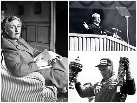 Left: Agatha Christie poses in 1946 holding a notebook, in her home, in Devon  (Pic: AFP/Getty Images). Top right: Jimmy Carter during the Democratic National Convention in New York, June 1976. (Pic: STR/AFP/Getty Images). Bottom right: James Hunt holding up the winners trophies after victory in the Grand Prix at Silverstone, in 1977 (Pic: Getty)